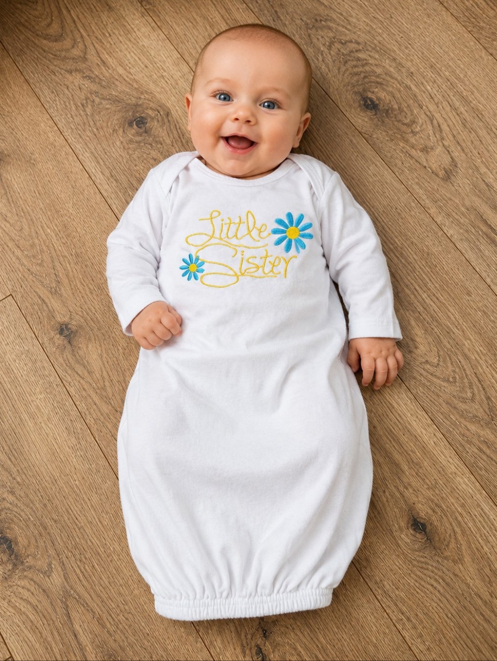 Little Sister Baby Gown With Floral Embroidery